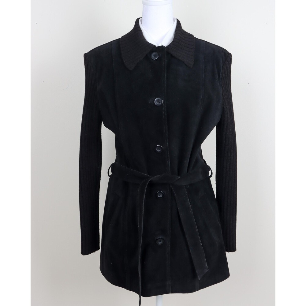 Vintage Vakko Black Suede Leather Knit Coat, Belted Womens Jacket, Size Medium
